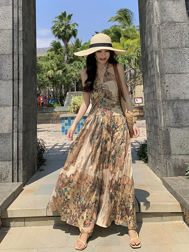 

Women Summer Dress Chinese Retro Suspender Dress V-neck Niche Back Hollowed Out for Slimming Holiday Fairy Dress D3430