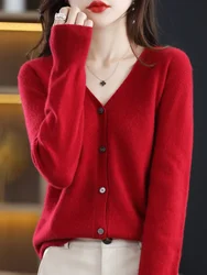 Elegant V-Neck Single-Breasted Short Cardigan - Women's Slim Knitwear in Solid Korean Fashion - S (Burgundy)