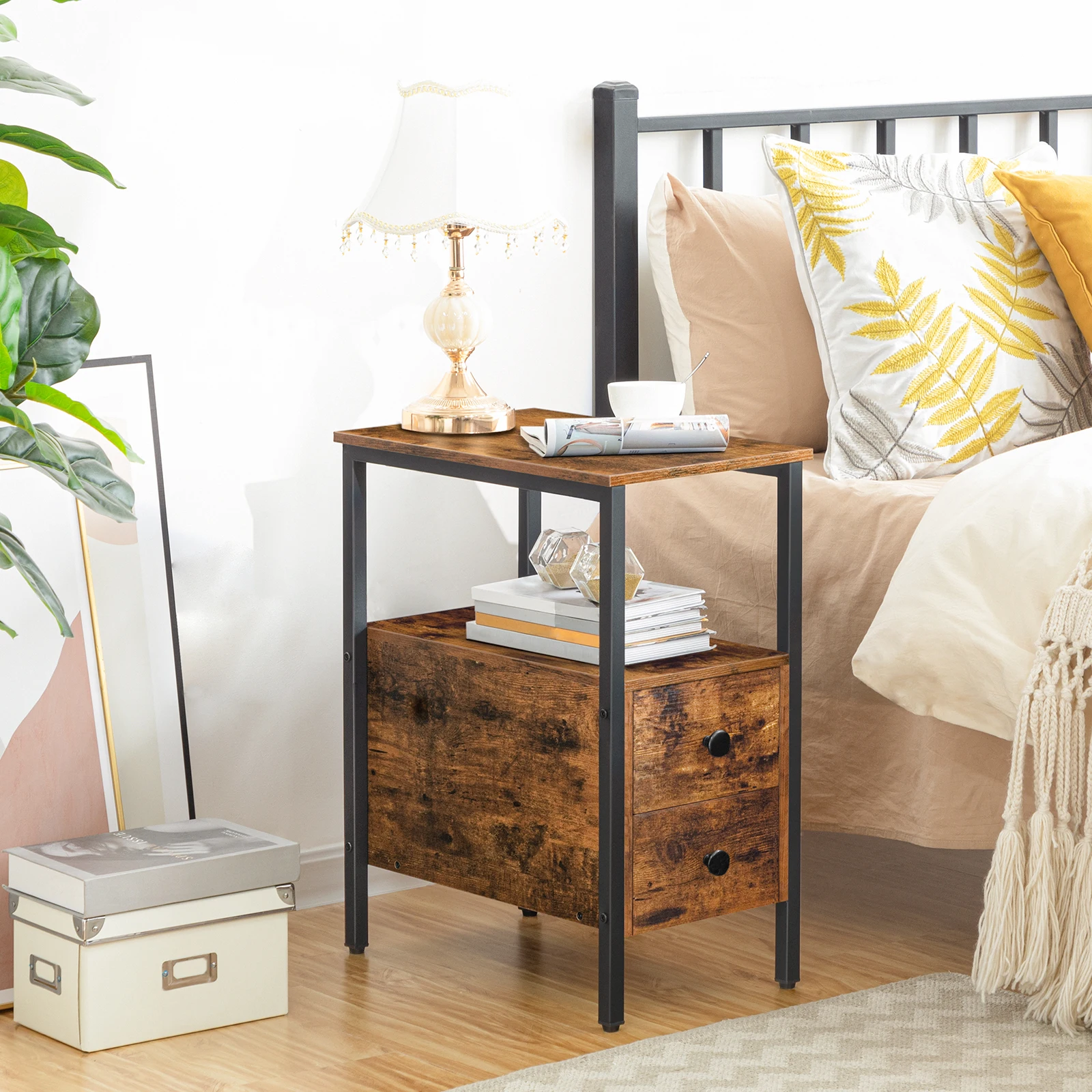 End Table, Narrow Chairside Table with Drawer and Open Storage Shelf, Nightstand for Small Spaces, Stable and Sturdy Constructio 2