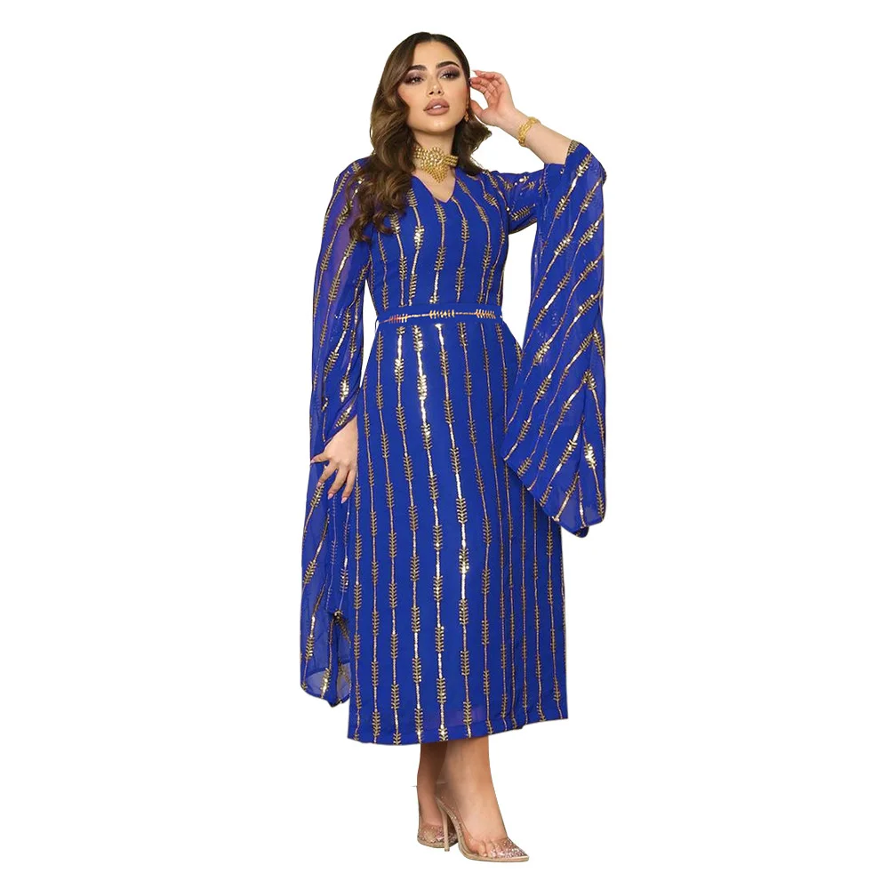 Muslin Dress Fashion Sequin Dress Dubai Arab Chiffon Bean Embroidery Robe V-neck Long Sleeves Dress for Party Fashion Women