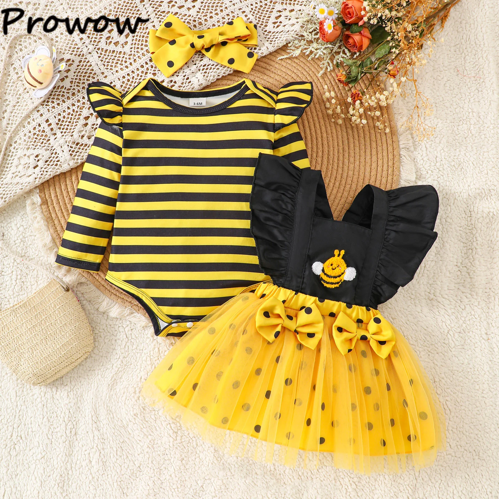  소녀 노란색 꿀벌 의상 세트 노란색 줄무늬 바디 슈트와 꿀벌 메쉬 서스펜더 드레스 + 머리 장식 를위한 3 피스 세트