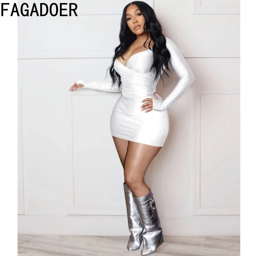 FAGADOER Sexy Deep V Bodycon Mini Skirts Two Piece Sets Women Long Sleeve Crop Top And Skirts Outfits Fashion Matching Clothing