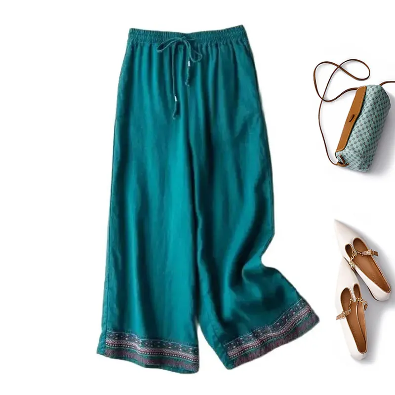 Blue Embroidery Solid Casual Elastic High Waist Cotton Linen Women's Pants Wide Leg Full-Length Pants For Women Clothing Fashion