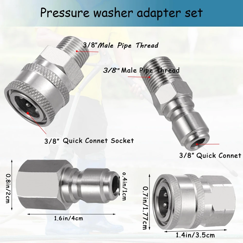 Set di 8 adattatori per idropulitrice ad attacco rapido da 3/8, in acciaio inox, per una maggiore efficienza