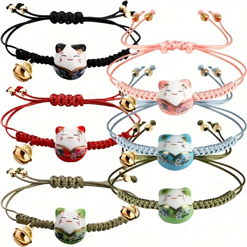 Juego de 6 piezas de pulsera con dije de gato de la suerte; Linda pulsera de cuentas de cerámica con gato de la suerte; Pulsera de la suerte Feng Shui.