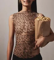 T-shirt Y2K à col rond pour femmes, style euro-américain, gaze, lettre, sexy, club, fibres, vêtements pour femmes, filles, Y 5
