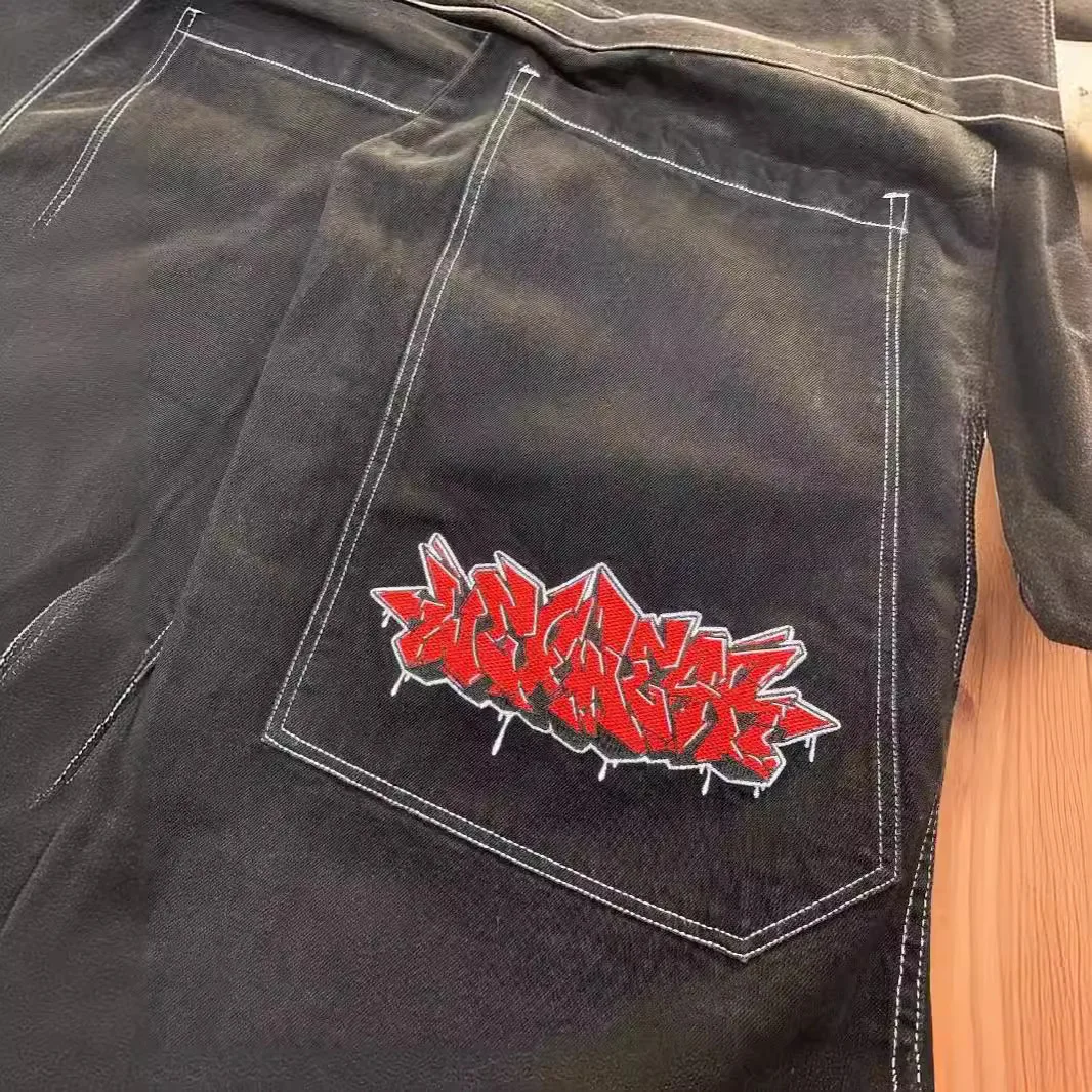 Vintage Clothing Multi-pocket Letter Jeans Y2k Hip Hop Pant Sets Black High Waisted Wide Leg Pants Cargo Streetwear Sweatpants 3