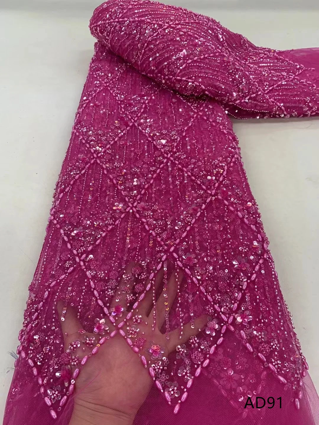 

New heavy-duty bead embroidery+rice bead three-dimensional flower wedding dress and evening dress fabric available in stock AD