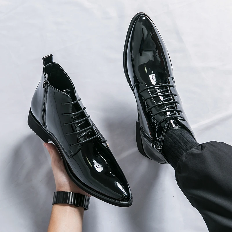 Luxury Chelsea Boots Men's Shiny Leather Shoes Pointed High Top Shoes Men's Banquet Dress Shoes High-end Purple Red Short Boots