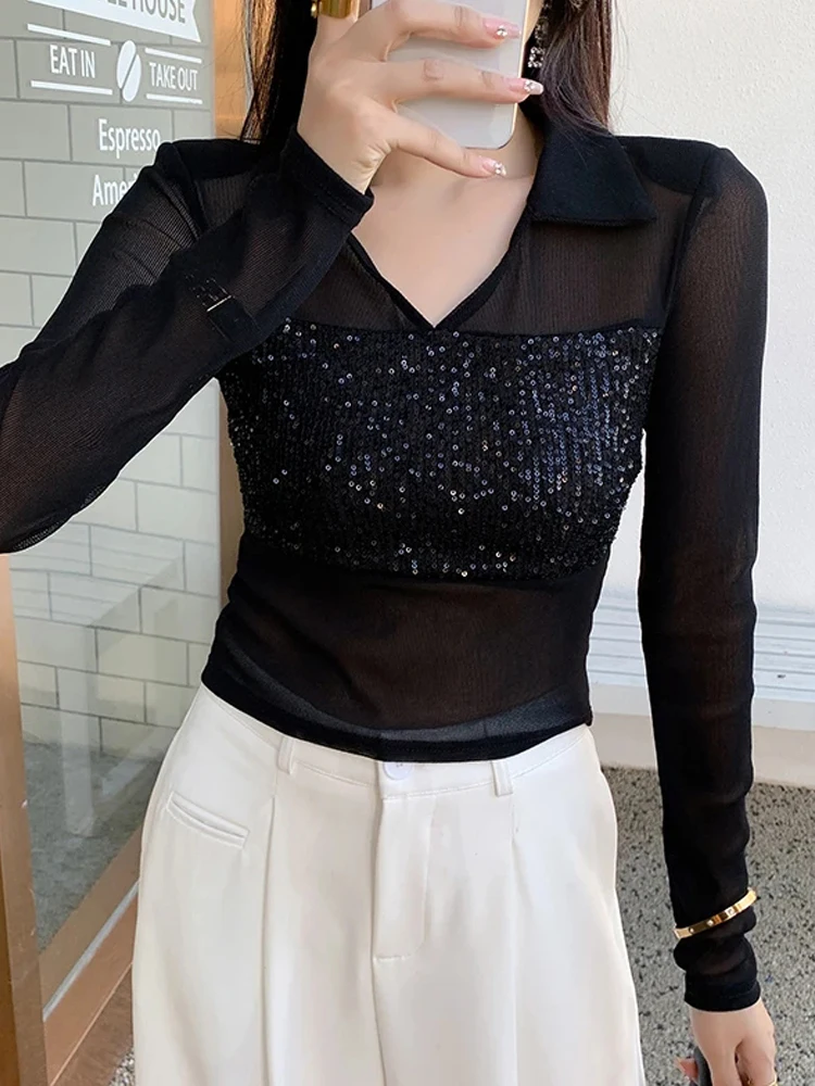 

Элегантная Базовая футболка Winsleter, футболки с длинным рукавом, сезон осень-зима, женские сексуальные топы с V-образным вырезом, асимметричным разрезом и блестками, тонкие сетчатые Топы T37056JC