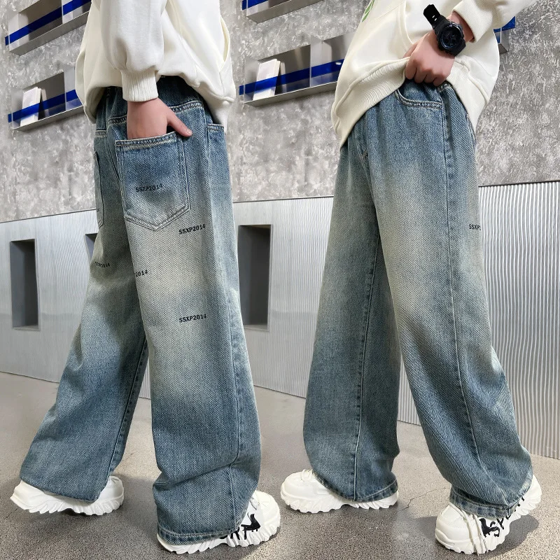 2026 Autumn New Children letters Denim Pants Children Loose Casual Cotton Casual Trousers Korean Style Teens Boys Straight Jeans 4