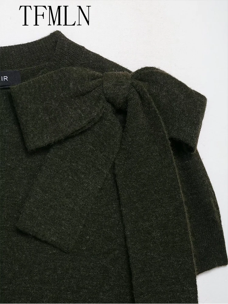 TFMLN 2025 Autumn Women Solid Bow Knitted Sweaters Fashion O-neck Short Sleeve Pullover Tops Sweet Girls Chic Causal Knitwear