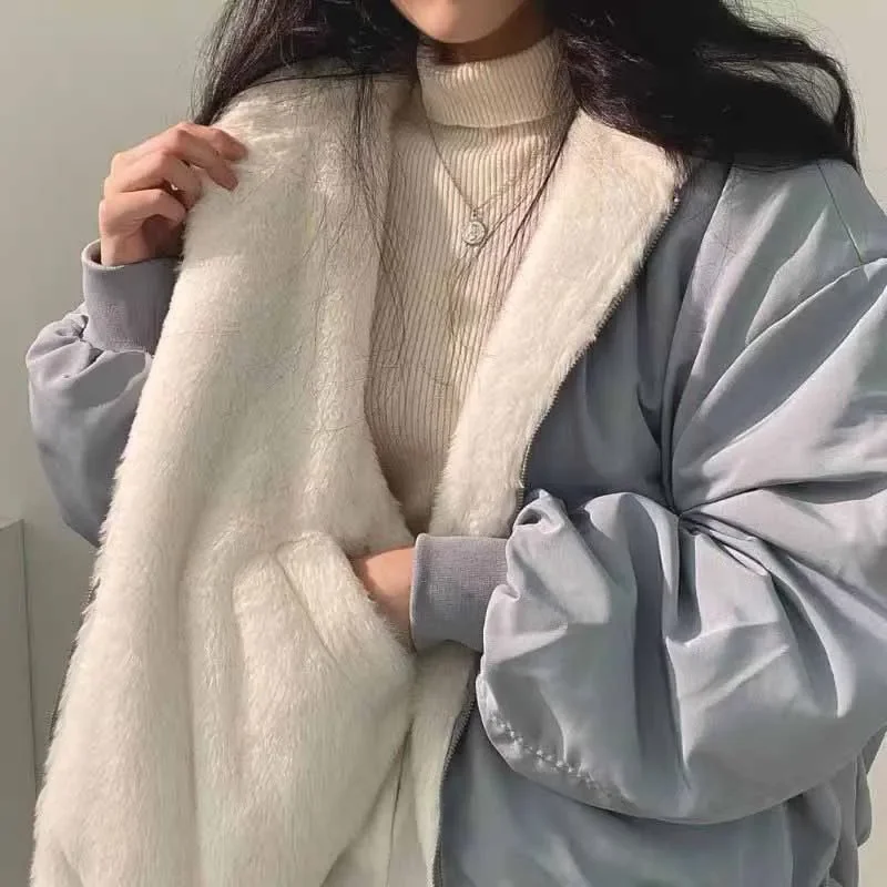 Smvp Winter Thicken Warm Parkas Women Fashion Double Sided Hooded Fleece Coat Ladies Korean Loose Long Sleeve Zip Up Jackets 4