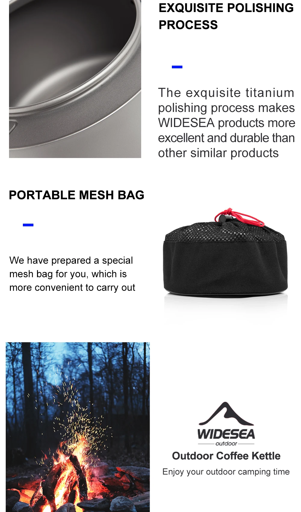 Description Picture 5 of itemWidesea Camping Titanium Kettle Outdoor Tea Coffee Kettle Tableware Pot Supplies Tourist Dishes Hiking Cooking Equipment