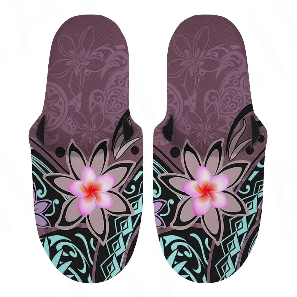Men's Cotton Slippers Hawaii Polynesian Plumeria Print Indoor Non-slip Flat Shoes Warm House Soft Plush Fashion
