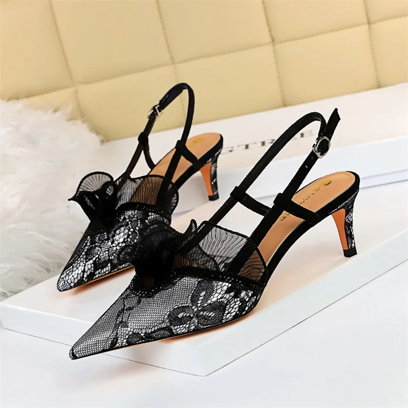 Women Thin High Heels Lace Hollow Mesh Pointed Toe Sandals Summer Fashion Elegant Green Silver Rhinestones Slingback Shoes