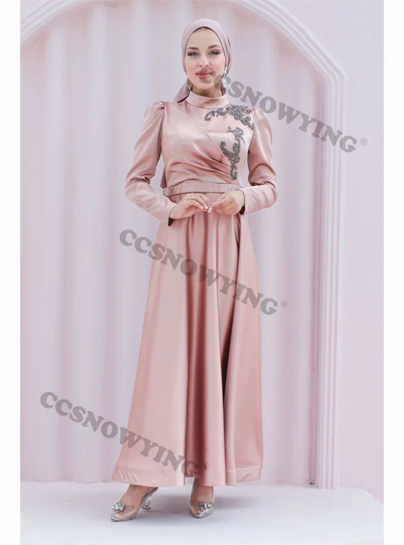

Satin Appliques Hijab Muslim Evening Dresses Islamic Long Sleeve High Neck Formal Party Gown Arabic Kaftan Robes De Soirée