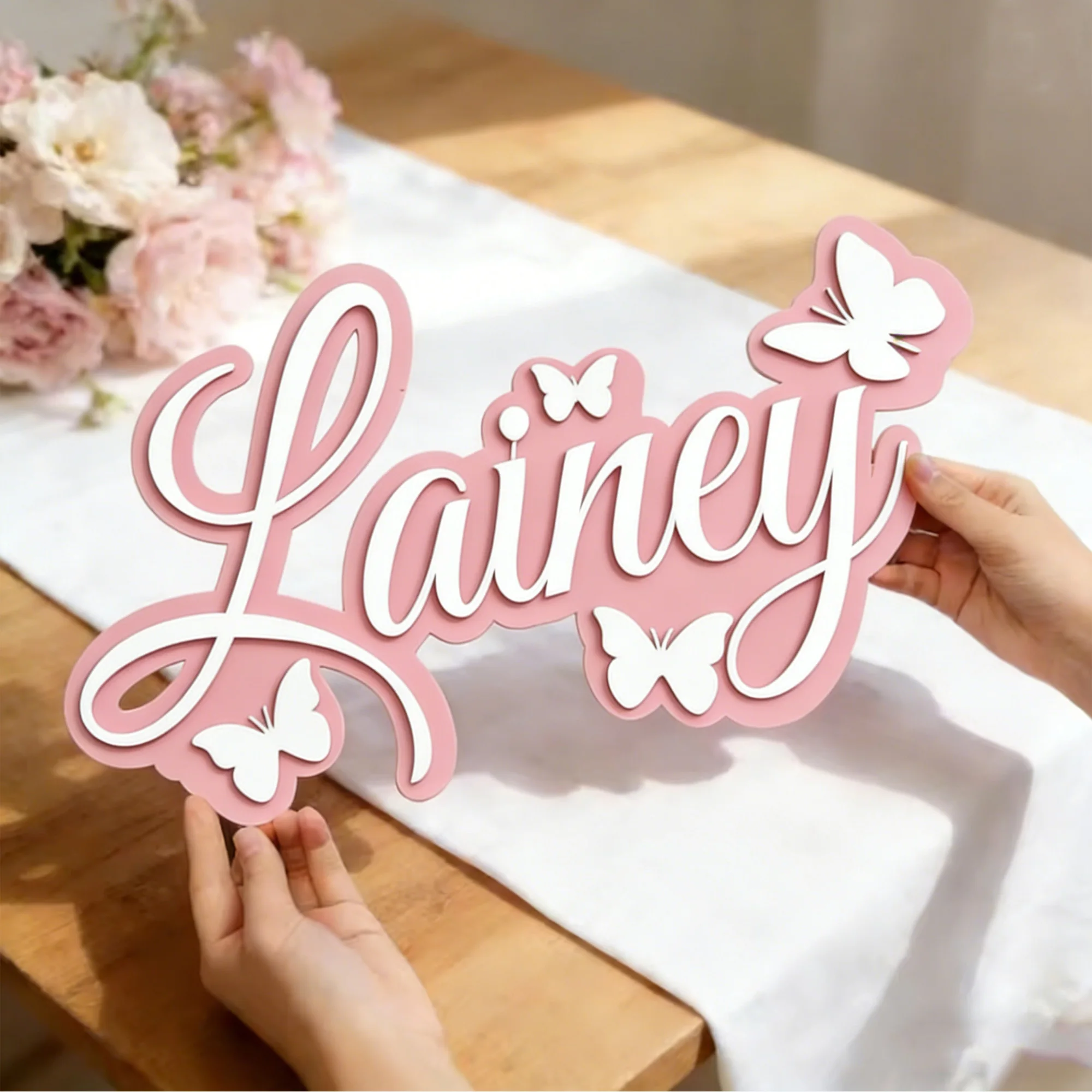 1Pc Custom Name Butterfly Style Wooden Name Plaque,Home Room Office Wall Door Decor,DIY Paintable,Nursery Birthday Wedding Gift 2