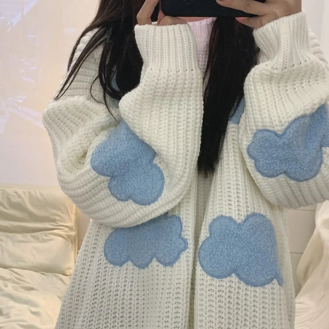 

2022 Women's Cozy Clouds Sweater Cute Cartoon Long Sleeve Crew Neck Pullover Jumper Fall Winter Top Korean Cartoon Autumn Casual