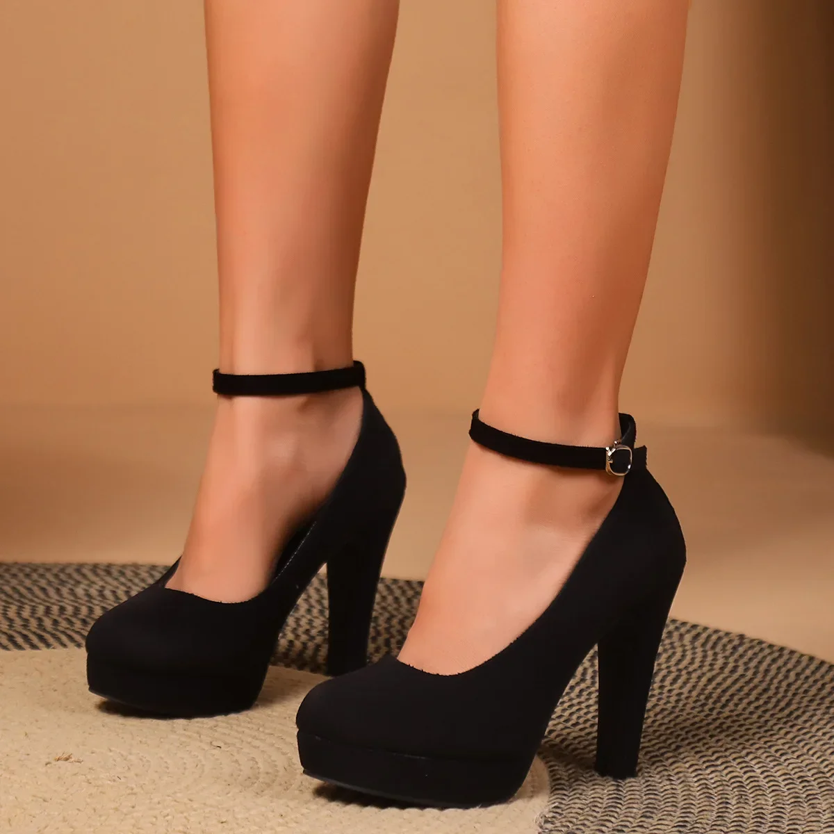 Women platform pumps large size 42 ankle buckle chunky platform square heel party shoes