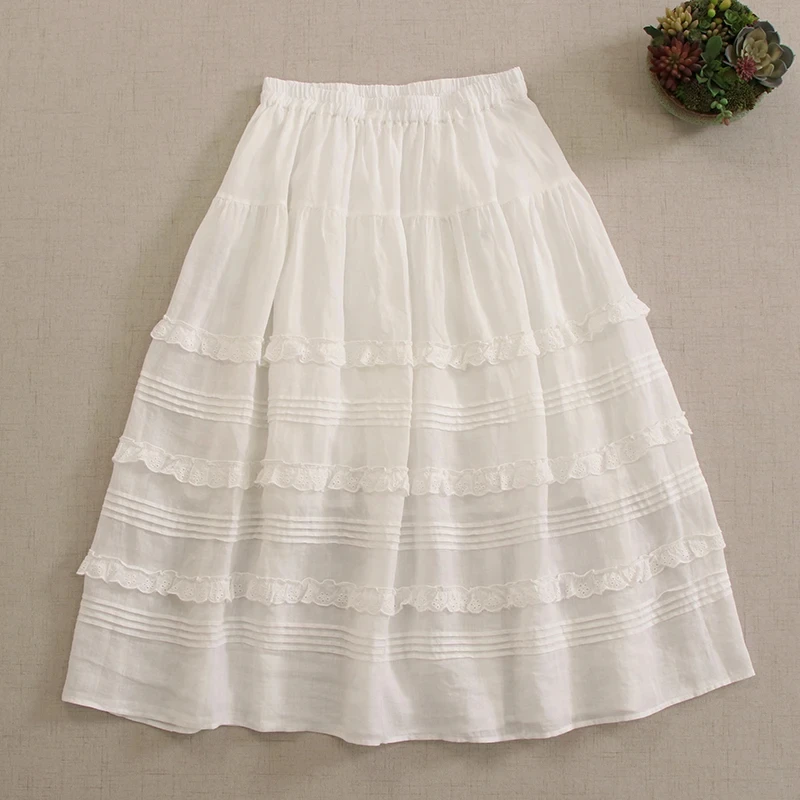 Summer Sweet Mori Girl Japanese Style Solid Color Folds Cake Skirts Women Elastic Waist Casual Ramie Skirt