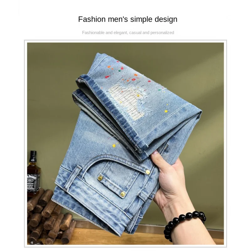 2024 summer new high-end personalized men's denim shorts broken tidal brand elastic Slim embroidery patches spray-painted pants