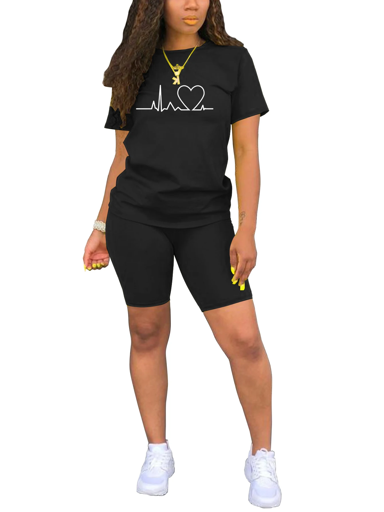 여성용 하트 비트 프린트 투피스 짧은 세트, 조깅 운동복, 여름