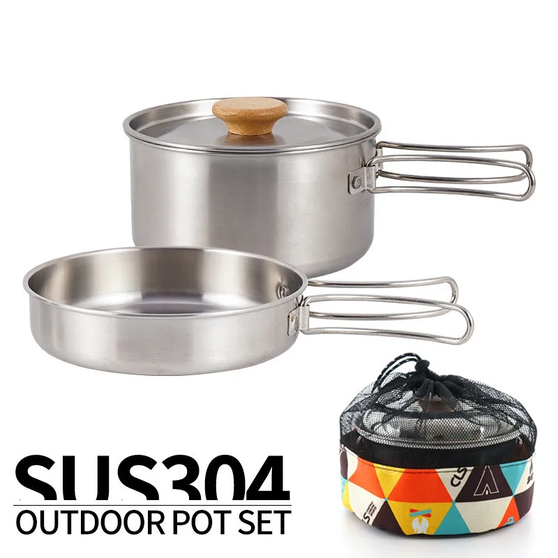 

Stainless Steel Outdoor Cookware Set with Storage Bag Picnic Hiking Cooking Pot Pan Folding Handle Saucepan Kitchen Kitchenware