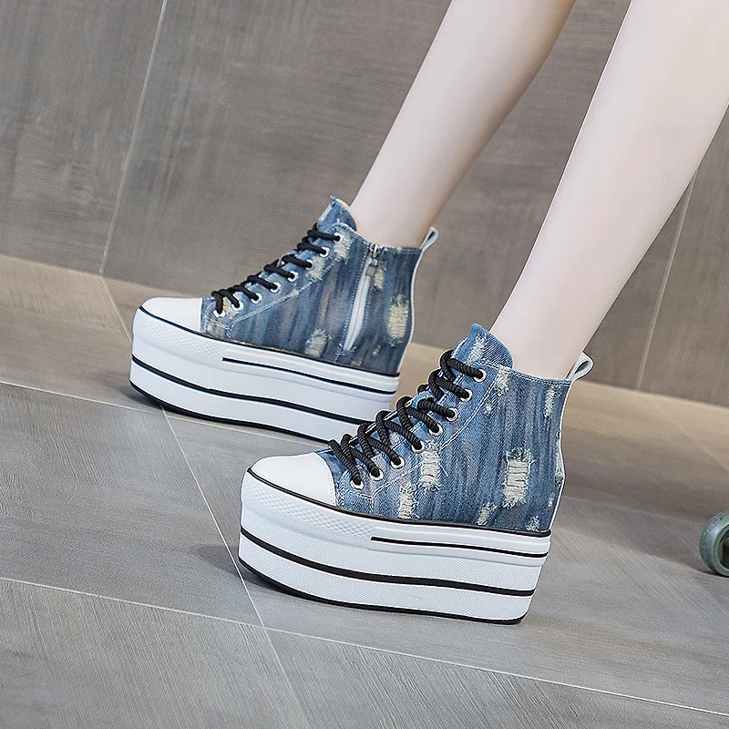 

CICIYANG Women High-top Casual Shoes Autumn and Winter 2024 New Super High Heels Girls Cowboy Canvas Shoes Fashion Sneakers