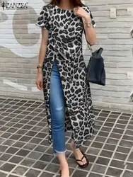 2023 Casual Printed Long Shirts ZANZEA Fashion Short Sleeve Tops Women's Summer Blouse Irregular Slit Camisas Oversized OL Tunic