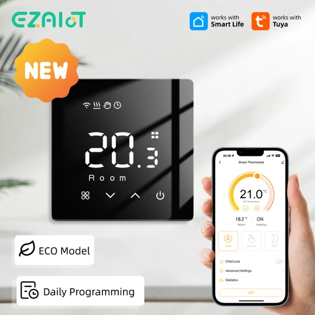 เทอร์โมสตัทอัจฉริยะ WiFi Tuya สำหรับหม้อต้มน้ำ/แก๊ส ระบบทำความร้อนพื้นไฟฟ้า ควบคุมอุณหภูมิผ่านแอป ตั้งโปรแกรมได้ ควบคุมระยะไกล รองรับ Google 1