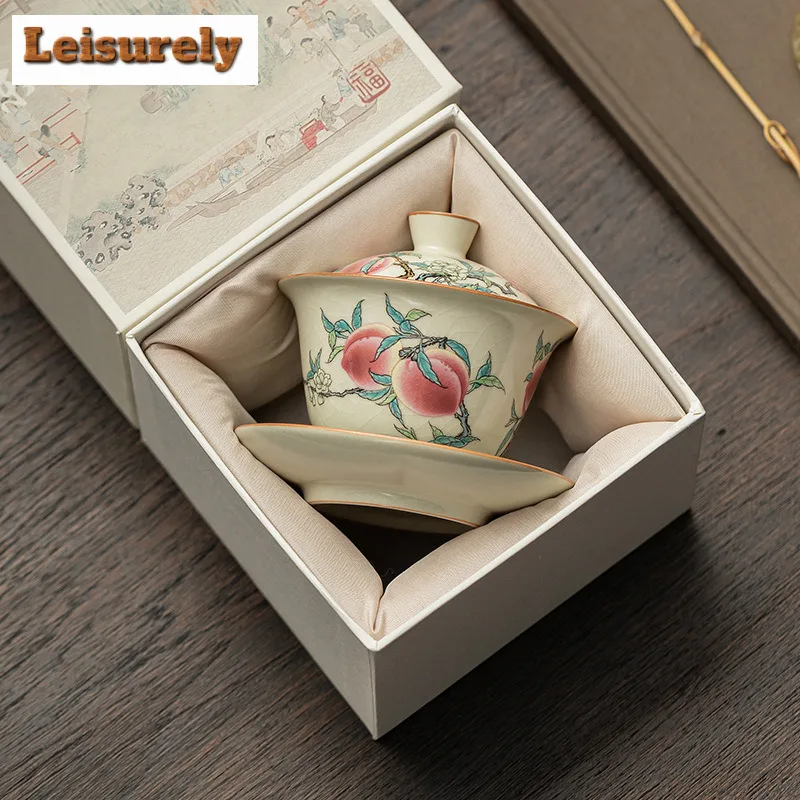 120ml Antique Ru Kiln Porcelain Gaiwan Creative Nine Peach Sancai  Tea Tureen Boutique Tea Maker Cover Bowl Tableware Craft Gift