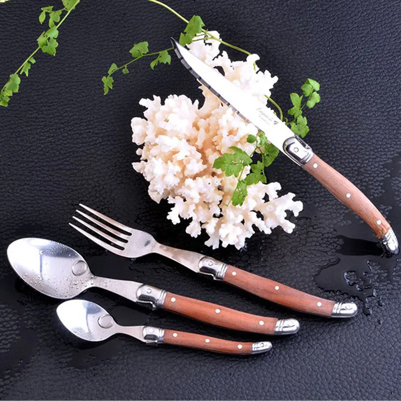 Description Picture 5 of item8.5'' Laguiole Steak Knives Table Forks Wood Dinner Knife and Spoon set Stainless Steel Wooden Dinnerware Restaurant Tableware