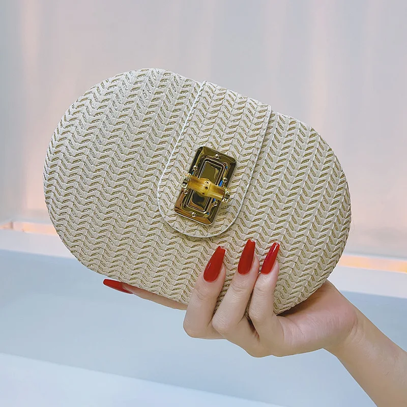 

Summer New Beige White Straw Small Handbags 2024 Fashion Bohemia Party Evening Bag For Women Fashion Simple Chain Shoulder Bag