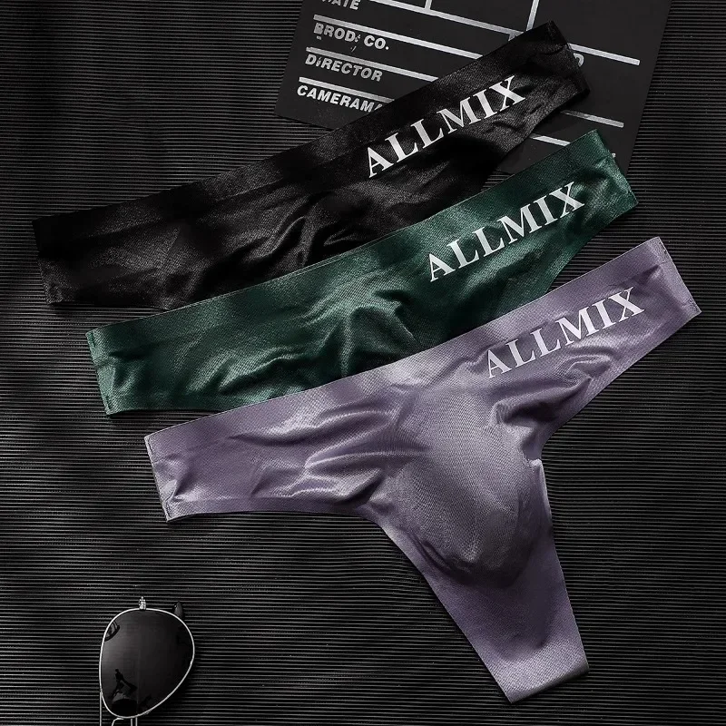 Men Sexy Transparent Underwear Thongs Sports Fitness Letter Thin Hip Sissy Panties G Strings Ice Silk Low Waist Seamless male underwear male lingerie