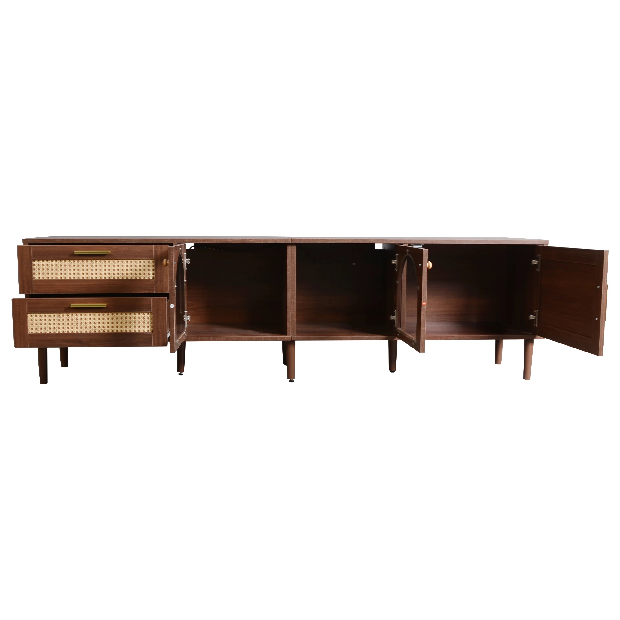 KOMHTOM TV-Schrank 180 cm Für 80-Zoll-Fernseher mit 2 Rattan-Schubladen, 2 gewölbten Glastüren und 1 Rattan-Tür, LED-Beleuchtung – Detail 8
