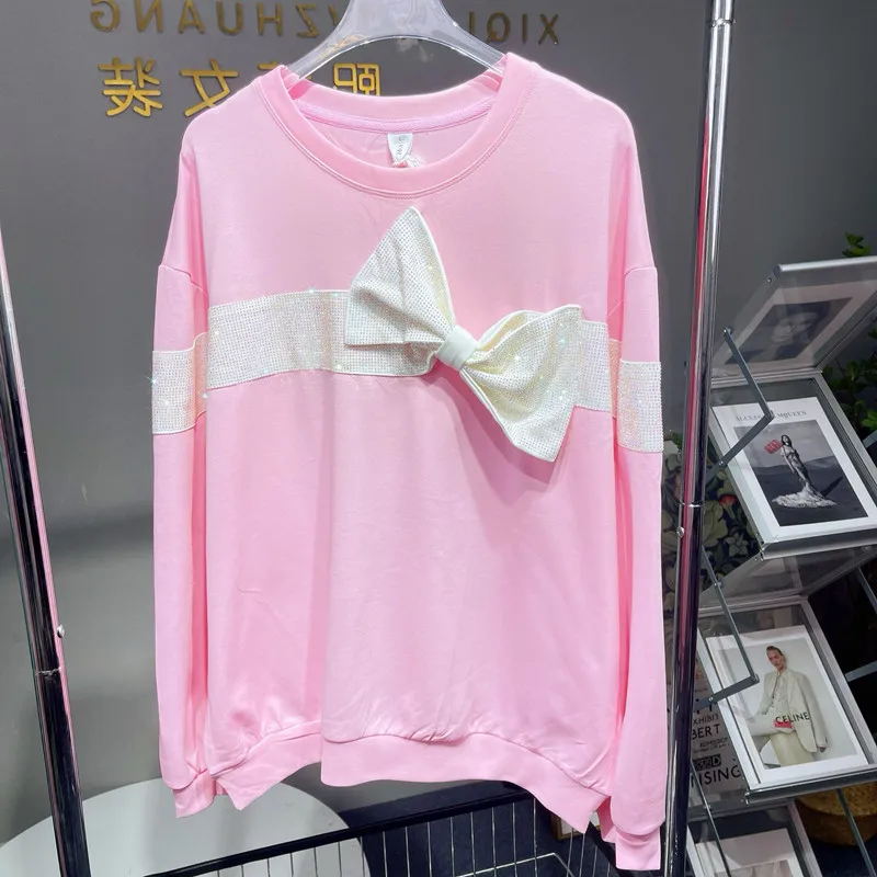 

Womens Fashion bowknot Long Sleeve Fall Sweat Shirts Cute Long Sleeve Fall Sweatshirt Heart-shaped hot drill