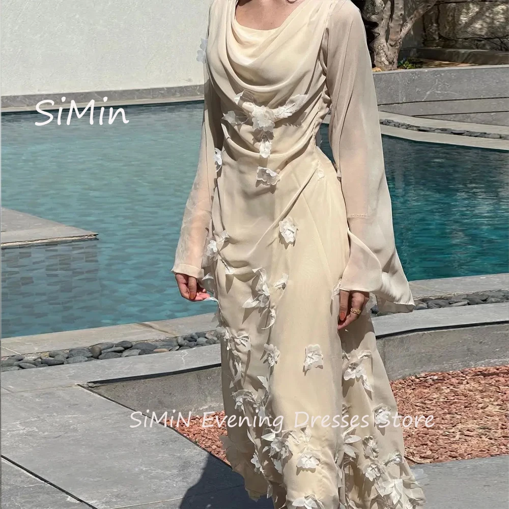

Simin Saudi Cowl Neck Chiffon Flower Ruffle Long-Sleeves A-Line Simple Ankle-Length Arab Evening Party dresses for women 2024