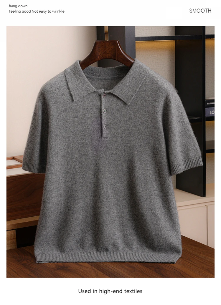 قميص بولو رجالي قصير الأكمام من الكشمير 100٪ للأعمال والملابس غير الرسمية، سترة للربيع والصيف