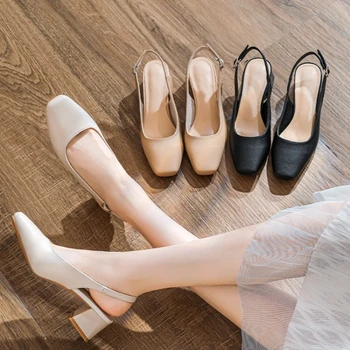2025 New Mid Thick Heel High Heels Women's Shoes French Baotou Shallow Mouth Sandals Women's Summer Large Coarse Heeled Sandals 1