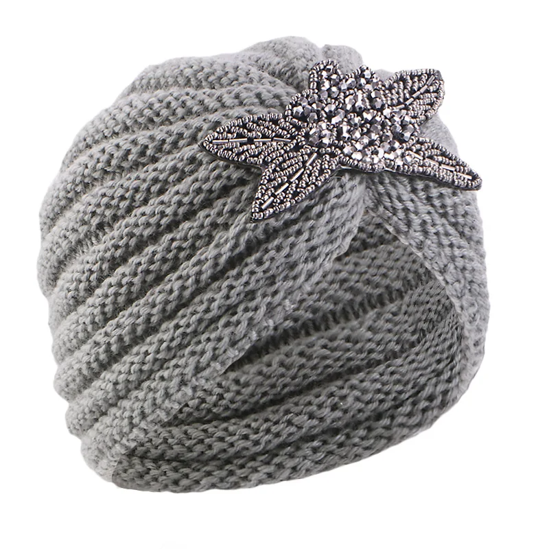 New Women Winter beaded flower knit Hat Autumn Winter Warm Turban Turban Hats Elastic Bonnet Headwrap Bandana Hair Accessories 4