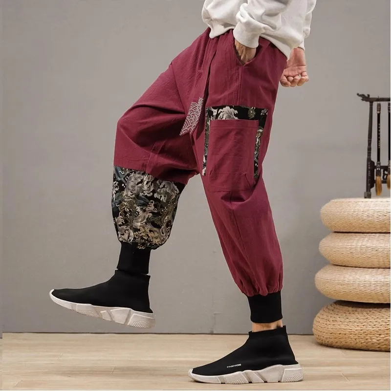 Men Linen Harem Pants Cotton Trousers Print Cross Crotch Vintage Chinese Style