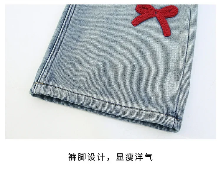 الفتيات فضفاضة واسعة الساق الجينز السراويل الناعمة الأطفال Bowknot التطريز مستقيم الدنيم السراويل ربيع الخريف الملابس 5-12 سنة