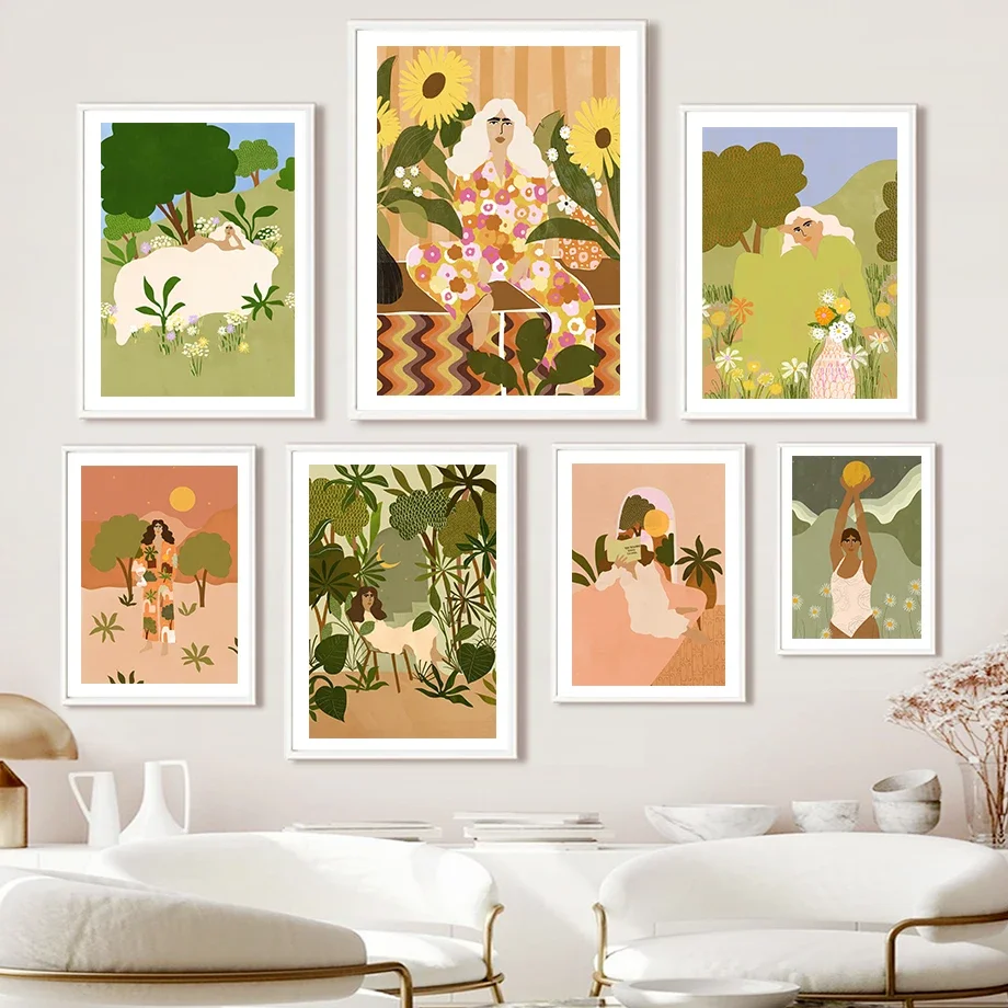 

Boho Abstract Fashion Woman Sunflower Tree Moon Wall Art Canvas Painting Nordic Posters And Prints Wall Pictures For Living Room