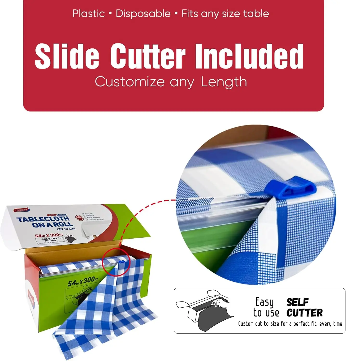 54in x 300Ft Blue Gingham Plastic Table Cloth Roll with 18 Pcs Stainless Steel Clips, Disposable Table Cover Roll