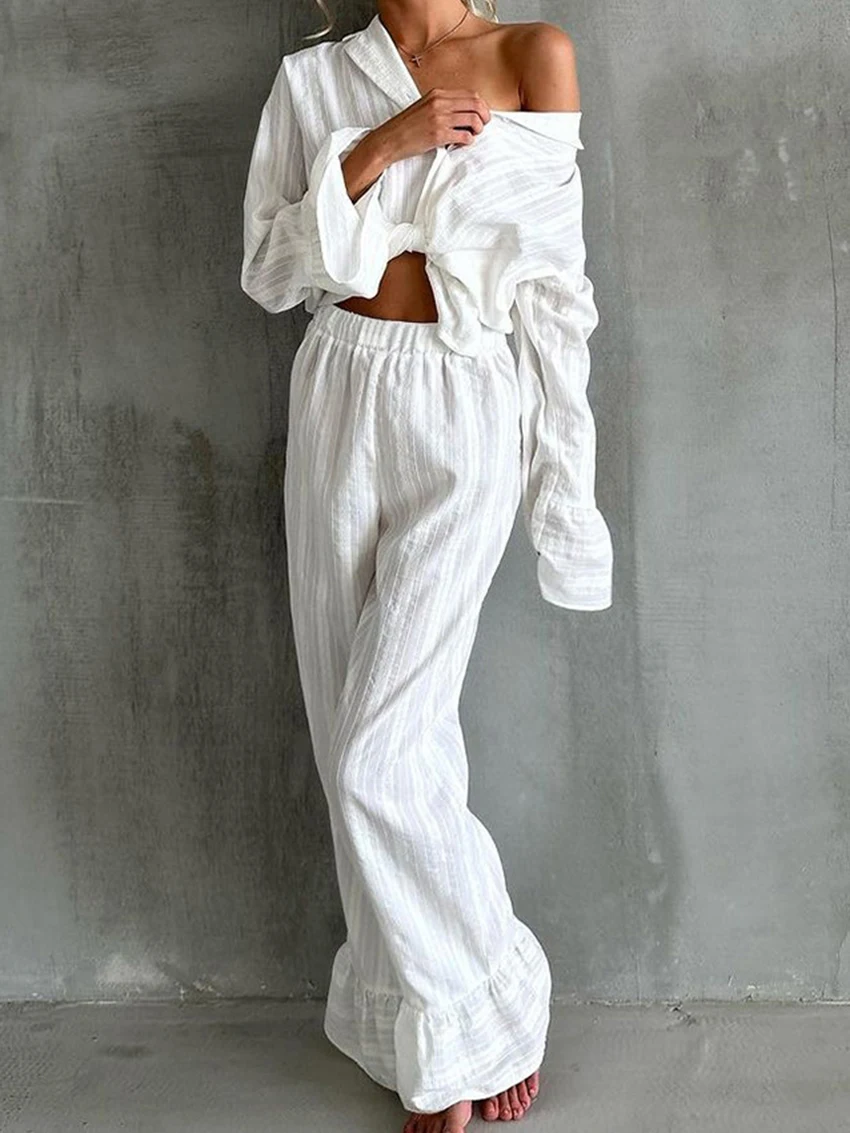 Marthaqiqi Casual Women'S Sleepwear Set Long Sleeve Nightwear Turn-Down Collar Pajama Pants Loose Ladies Nightgowns 2 Piece Suit