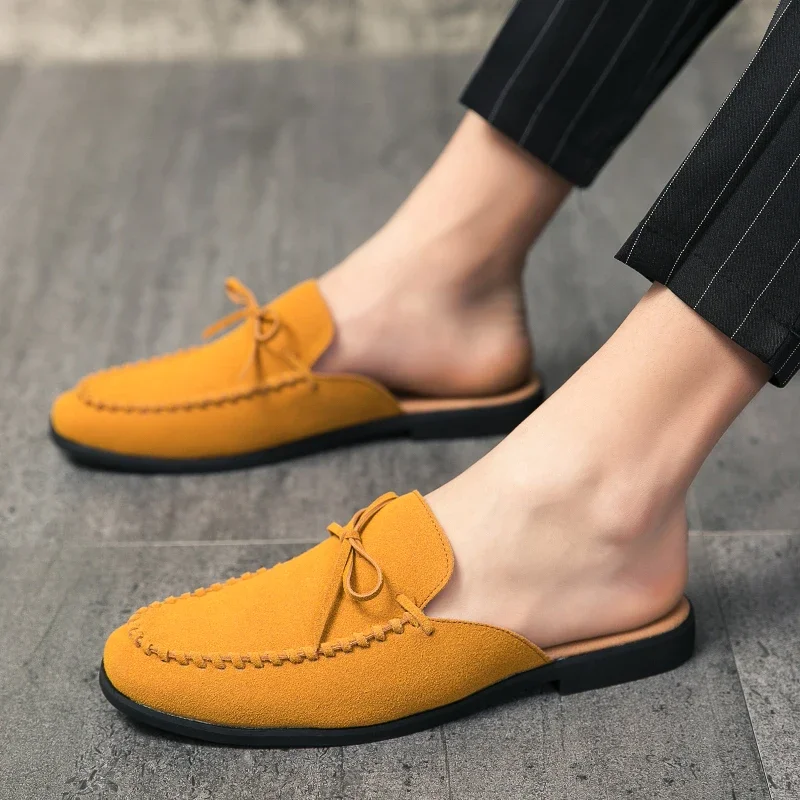 

Black Suede Leather Tassel Mules Men Half Shoes For Man Fashion Designer Shoes Men's Luxury Zapatillas Hombre Casual Slip On