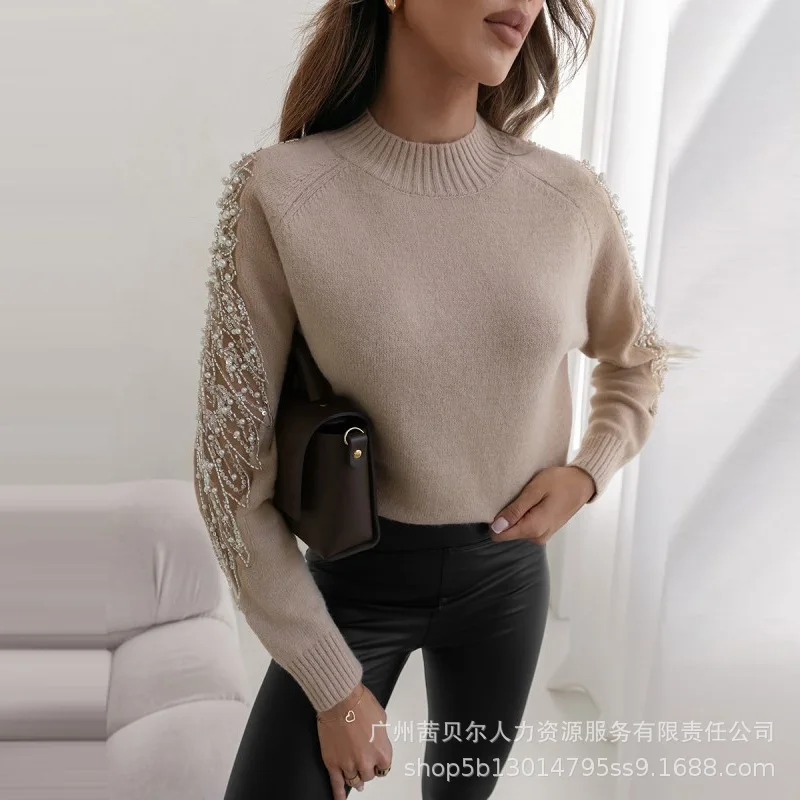 

2024 Autumn New Women's Clothing Solid Color Round Neck Stitching Woolen Casual Top