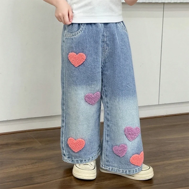 بنطلون جينز للفتيات مستقيم وفضفاض بتصميم مغسول ناعم من الدنيم، موديل خريفي جديد للفتيات الصغيرات، بنطلون واسع الساق متعدد الاستخدامات
