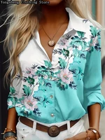 2024 summer women's long-sleeved printed ice silk shirt independent station hot new popular Hawaiian vacation clothing